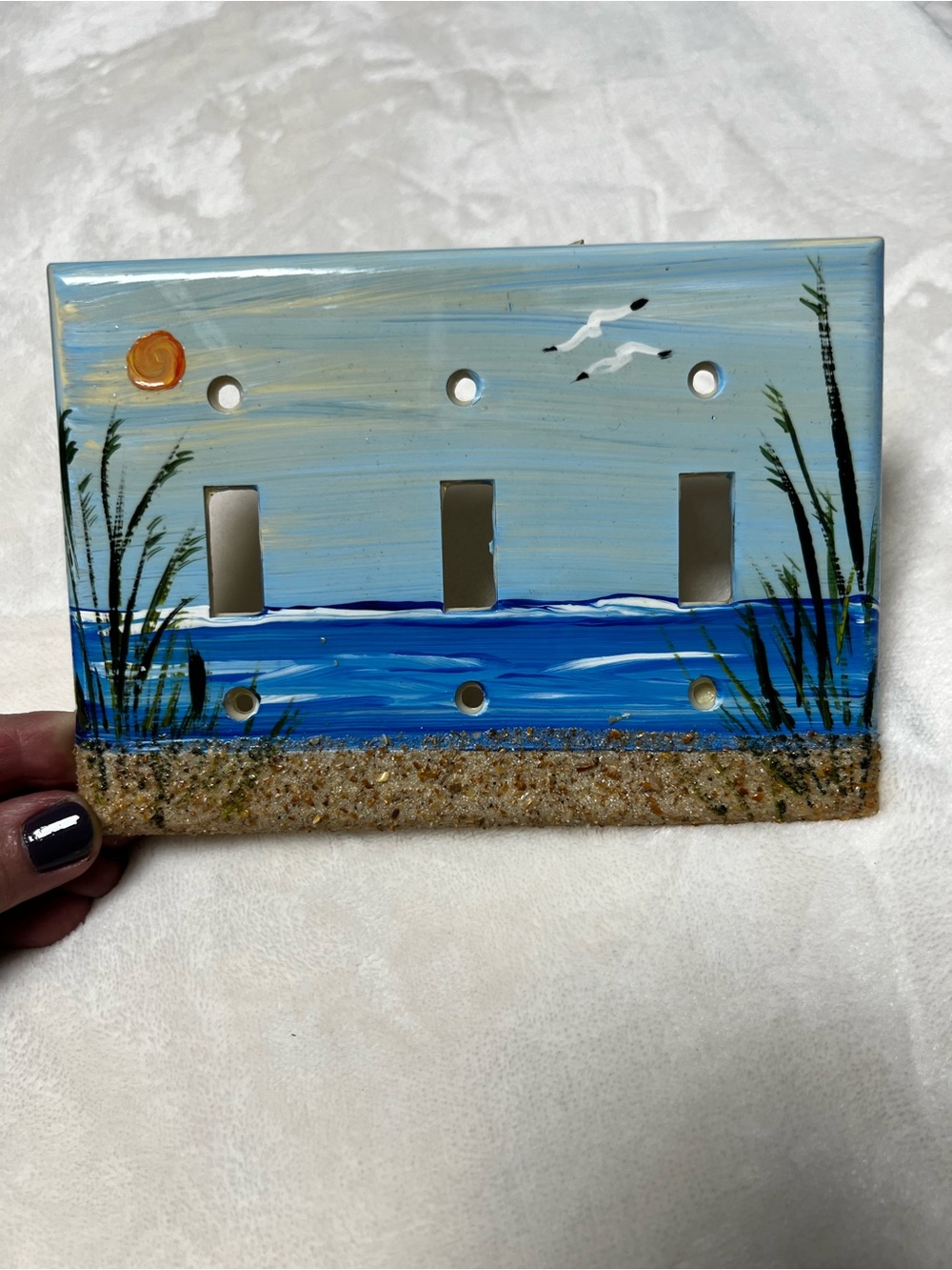 Hand-Painted Coastal Triple Light Switch Cover - Blue Beach Design